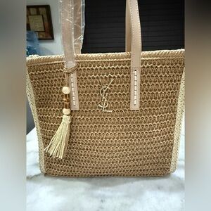 YSL logo Designer Tan Woven Shoulder Bag
